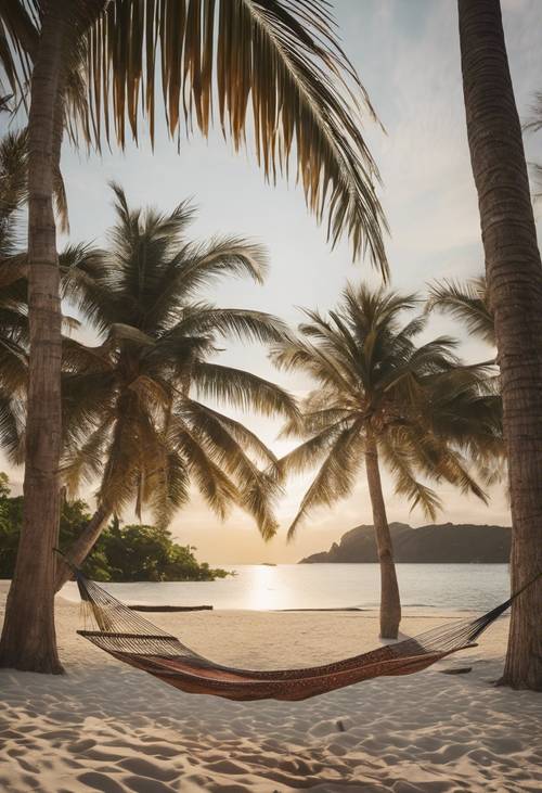 Pemandangan tropis yang tenang dengan tempat tidur gantung diikat di antara pohon palem.