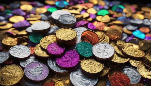 다양한 색상의 반짝이는 동전이 터지는 자루입니다.