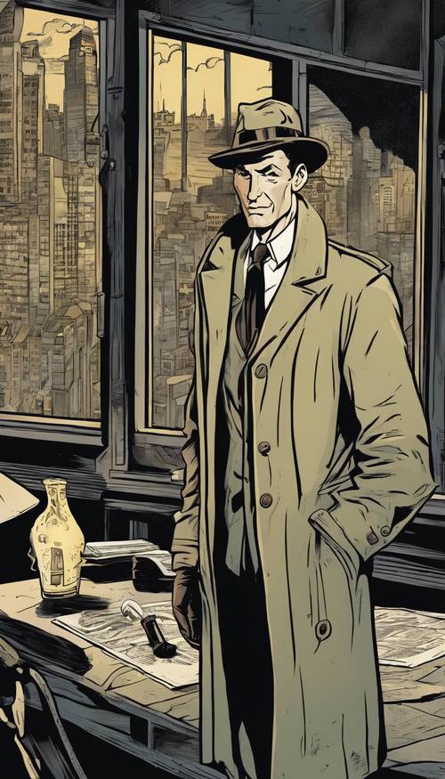 Un dessin animé de style vintage représentant un détective résolvant un mystère intrigant dans une ville noire.