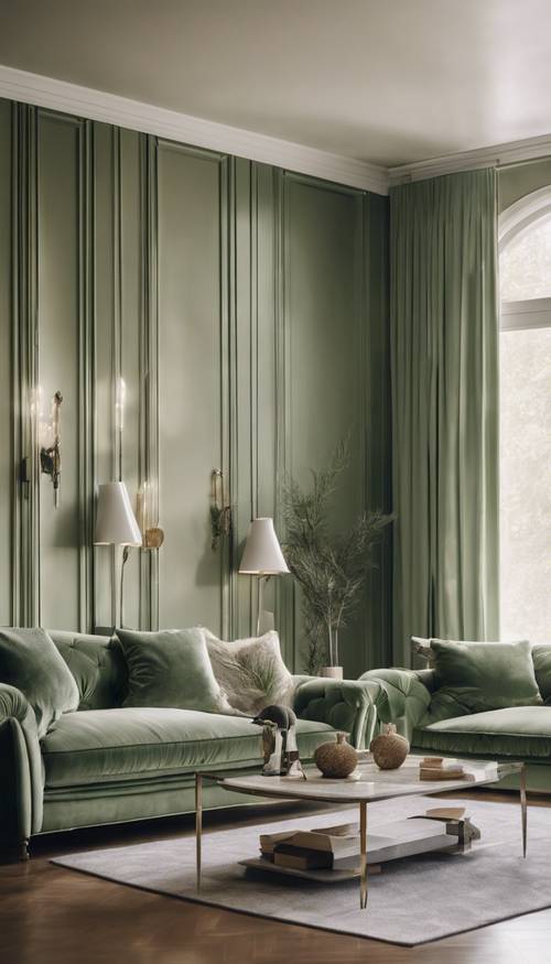 Phòng khách được thiết kế cao cấp với ghế sofa sang trọng màu xanh lá cây xô thơm và những bức tường sơn Monroe Bisque.
