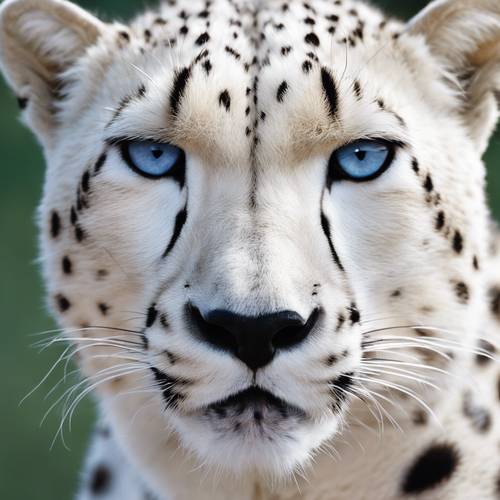 白色獵豹臉部特寫，五官突出，藍眼睛銳利，表情平靜