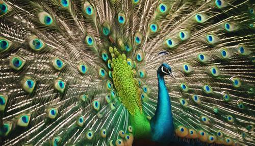Un primo piano di un pavone verde con la sua coda luminosa e colorata aperta a ventaglio.