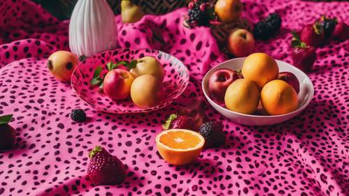 桌子上摆放着水果静物，桌布上印有鲜艳的粉红色猎豹图案。