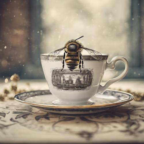 Một con ong cổ điển đang bay lượn phía trên tách trà theo phong cách phác họa của người sưu tầm đồ cổ.