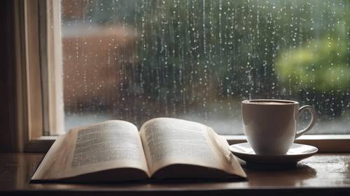 A peaceful view of a rainy window and the quote 'Rainy days should be spent at home with a cup of coffee and a good book.'