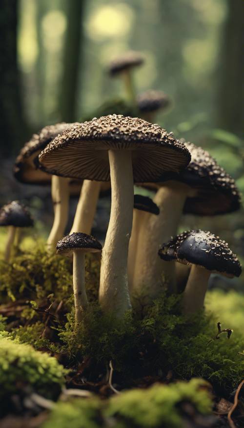 Eine Gruppe essbarer schwarzer Pilze, die aus einem moosigen Waldboden sprießen.