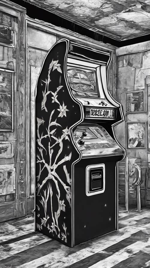 Uma imagem em preto e branco de uma máquina de fliperama vintage em uma antiga sala de jogos.