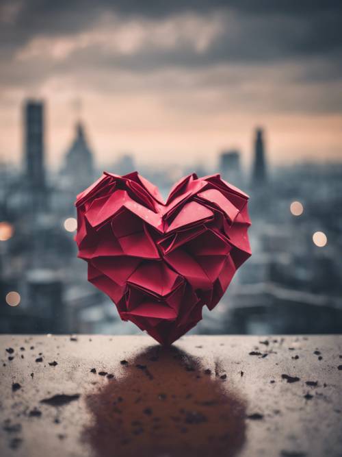 Un cuore origami fatto a pezzi sullo sfondo di un cupo skyline. Sfondo [349e9ff07fb747c5b494]