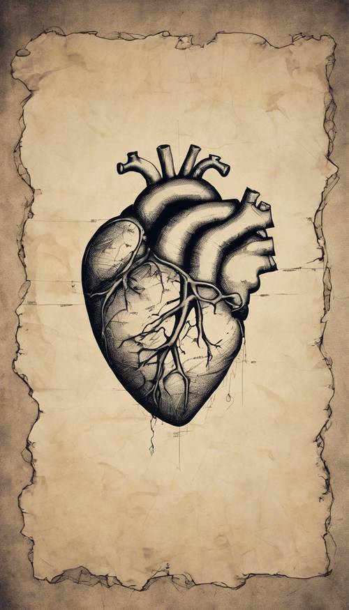 A conceptual image of a heart drawing torn apart on a vintage parchment. کاغذ دیواری [6af47067cc404cf8ba3d]