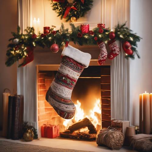 Bohemian style Christmas stocking hang by a roaring fireplace.
