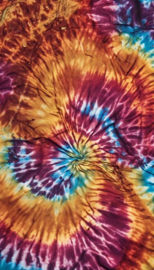 Uno scatto dettagliato di un vivace disegno a spirale su una camicia tie-dye. Sfondo [2530f617a4c04a66924c]