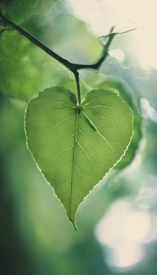 Close-up image of a green leaf shaped like a heart.