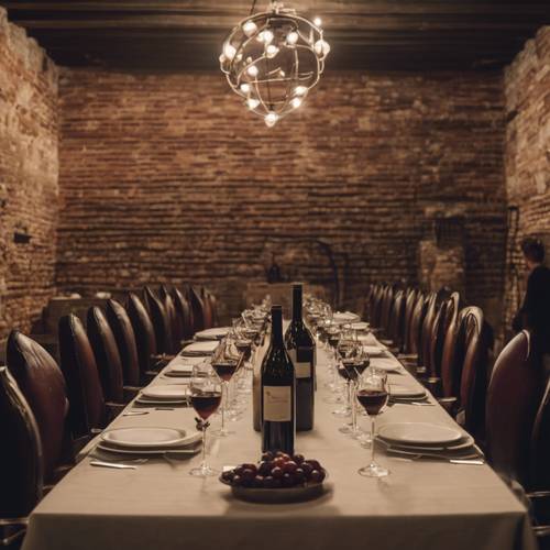 Sophisticated wine tasting party in a brick-walled cellar filled with aged wines.