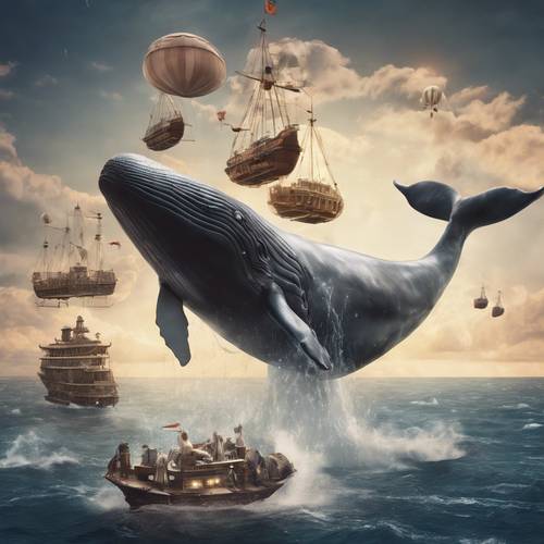 Um cartão postal de um mundo de fantasia com baleias majestosas voando ao lado de aeronaves.