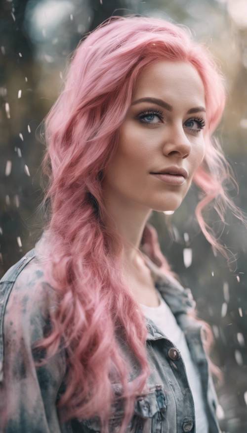 Акварельный портрет женщины с розовыми волосами.