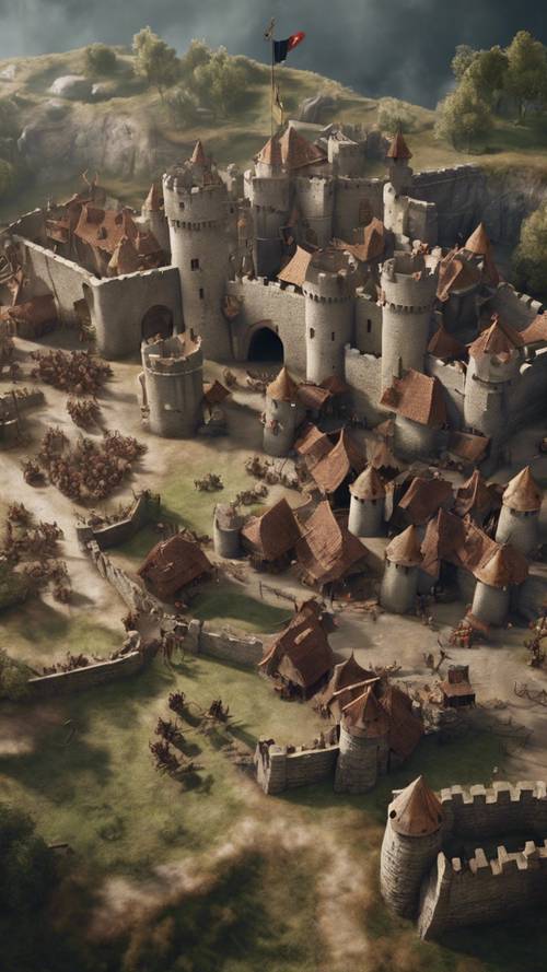 Bản đồ chiến đấu mang tính chiến thuật về một cuộc vây hãm thời trung cổ, hoàn chỉnh với hệ thống phòng thủ lâu đài và lực lượng tấn công.