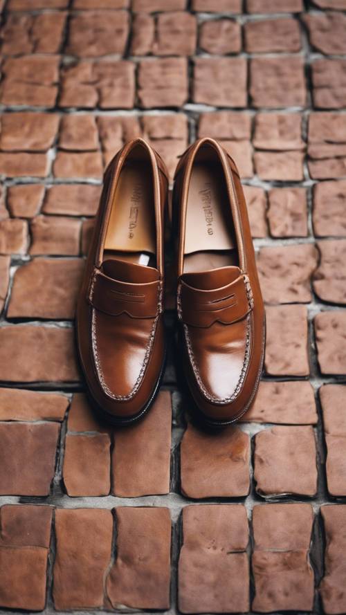 A close-up of penny loafers on a brick road, showcasing a preppy aesthetic. Tapet [8130065be55749398aa4]
