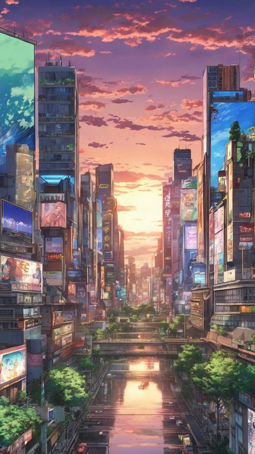 A luminescent city skyline during twilight with large billboards displaying anime