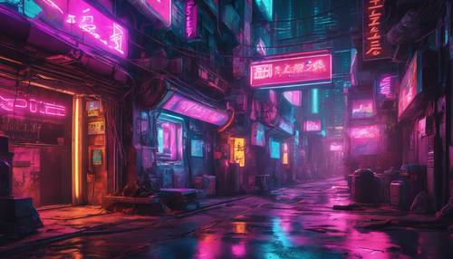 An alleyway in a cyberpunk city, saturated with the glow of neon lights and advertisements showcasing futuristic products.