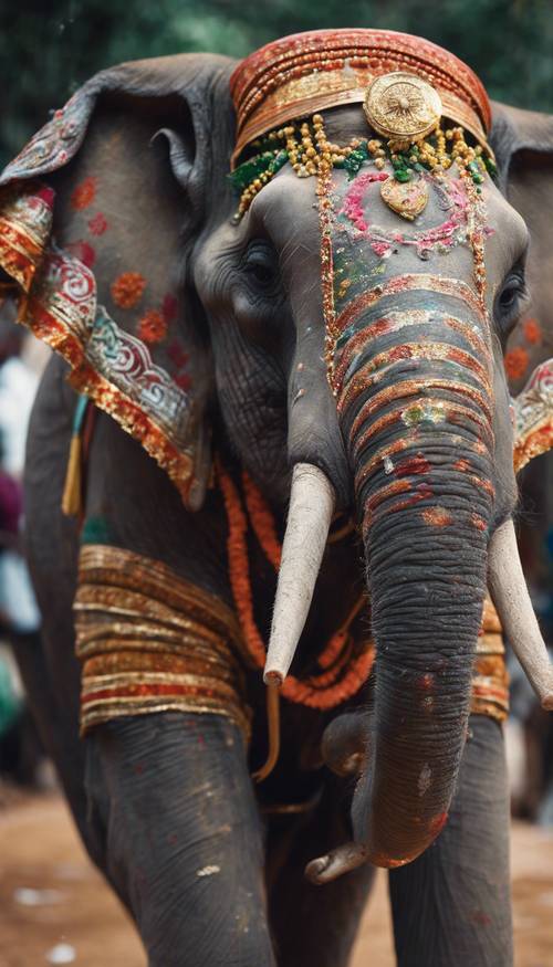 Um melancólico elefante indiano adornado com pinturas tradicionais de festivais, seus olhos comoventes refletindo sabedoria e resistência.