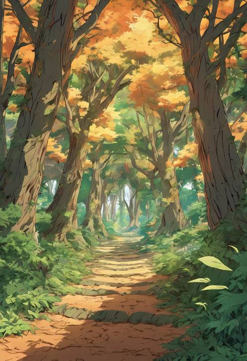 Hutan yang terinspirasi dari Naruto dengan dedaunan yang bergemerisik tertiup angin, menyampaikan rasa bahaya yang akan segera terjadi.