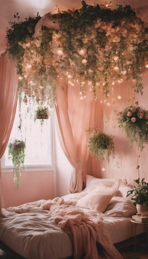 Cena matinal de um quarto boho primaveril com uma cama flutuante, luzes dispersas e flores em tons de rosa como dossel.