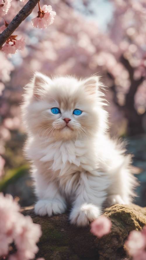 חתלתול רוך של הימלאיה עם עיניים כחולות, ישן באושר בגן יפני מלא בפריחת הדובדבן באביב.