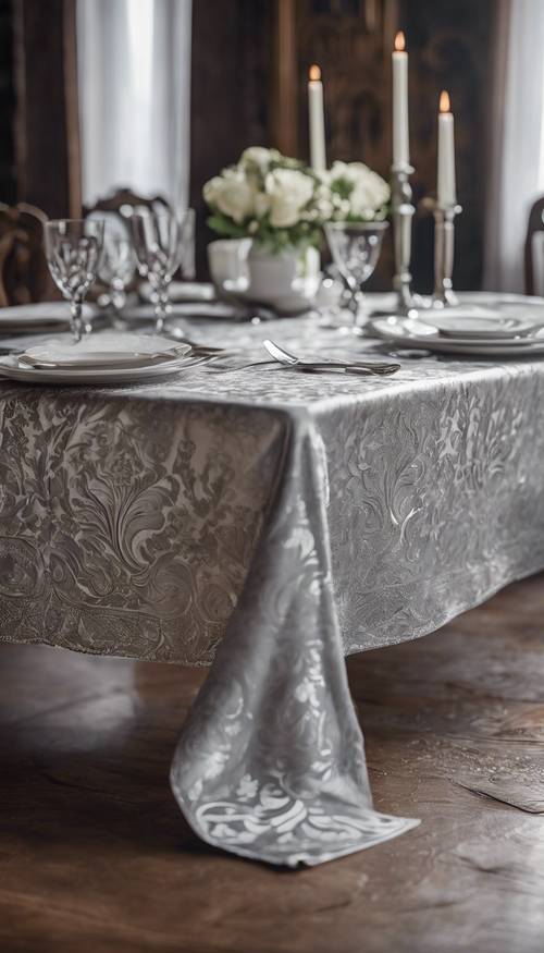 Suntuosa toalha de mesa em damasco prateada colocada sobre uma mesa de jantar de madeira antiga.