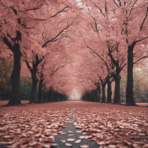 Pemandangan musim gugur dengan pepohonan yang menggugurkan daun berwarna merah muda.