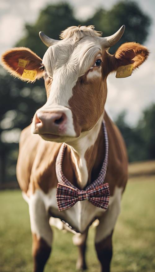 A well-groomed tan cow donning a bow tie and plaid vest Валлпапер [1a4e9a3eda6349acb96b]