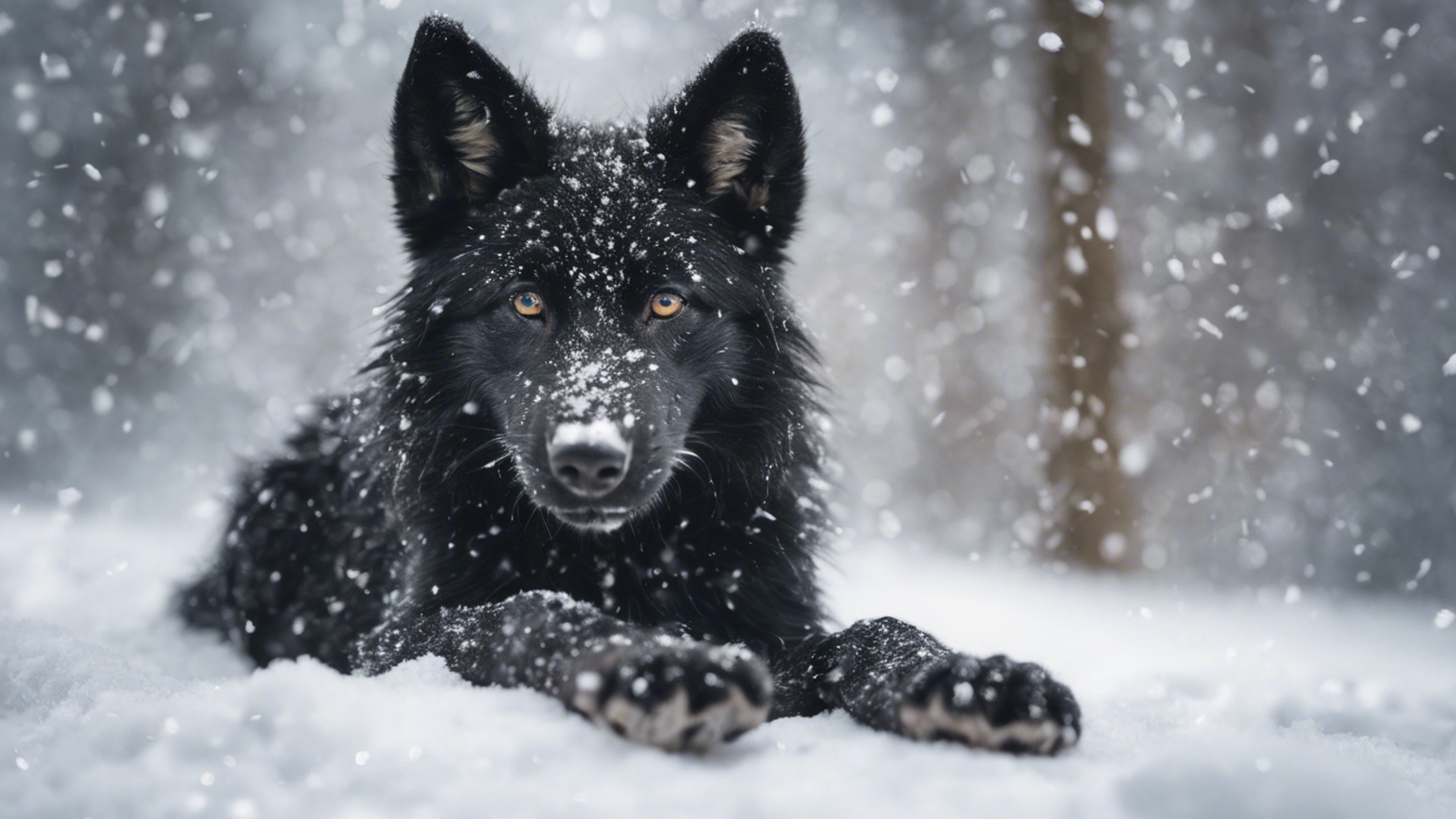 A playful black wolf puppy making the first snow angel of its life. Tapeta[6a2907d16c81420c9dae]