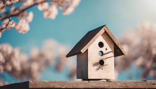 A freestanding birdhouse against the backdrop of a clear blue sky, a minimalist representation of a euphoric spring day.