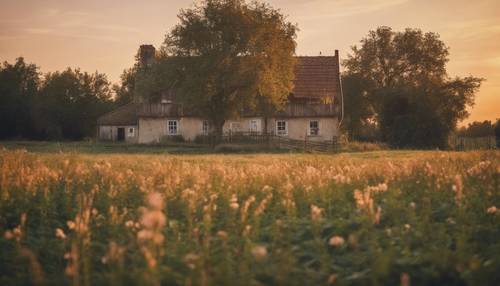 Una pittoresca antica fattoria con un affascinante cottage d&#39;epoca durante un caldo tramonto.