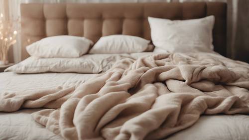Yumuşak yastıklar ve yumuşak battaniyeler dahil, bej renk düzeninde özenle hazırlanmış bir yatak.