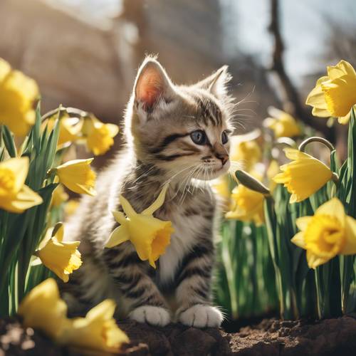 Eğlenceli bir kedi yavrusu merakla bir demet nergis çiçeğini kokluyor.