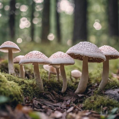 Parasol mushrooms lined up showing their pastel-striped undersides. Tapet [d406b3e553b94a9499dc]