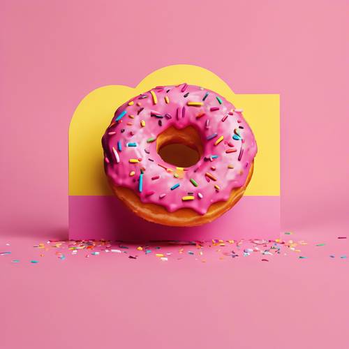 这是一幅俏皮的波普艺术风格图形，在引人注目的亮黄色背景上，有一个撒满糖粒的粉色甜甜圈和一个灿烂迷人的笑容。