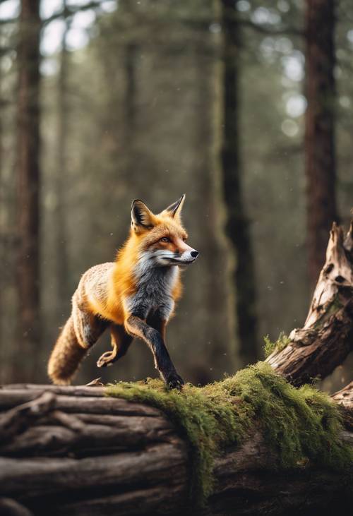 Una maestosa volpe rossa che salta sopra un tronco caduto in una vecchia foresta.