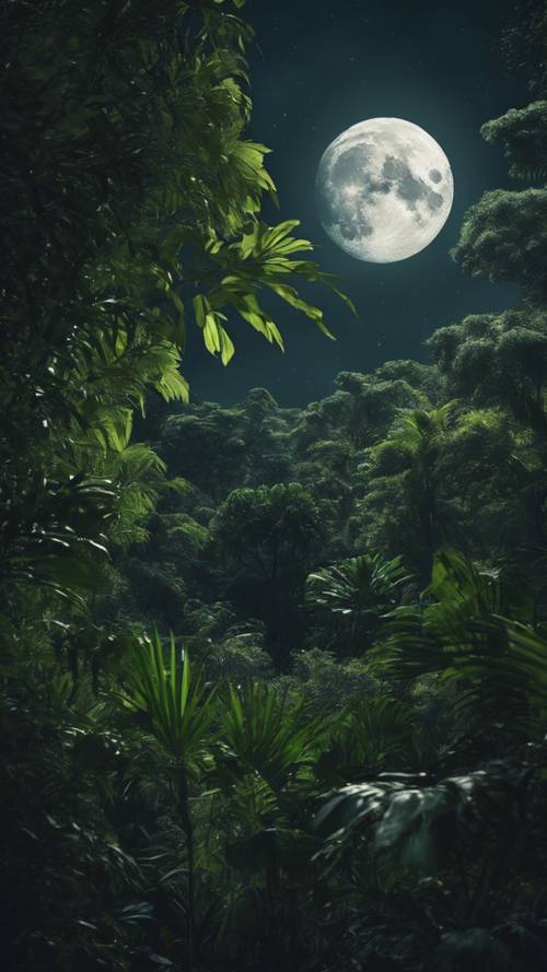 Gece yarısı gökyüzünde dolunay tarafından aydınlatılan yoğun, tropik bir yağmur ormanı.