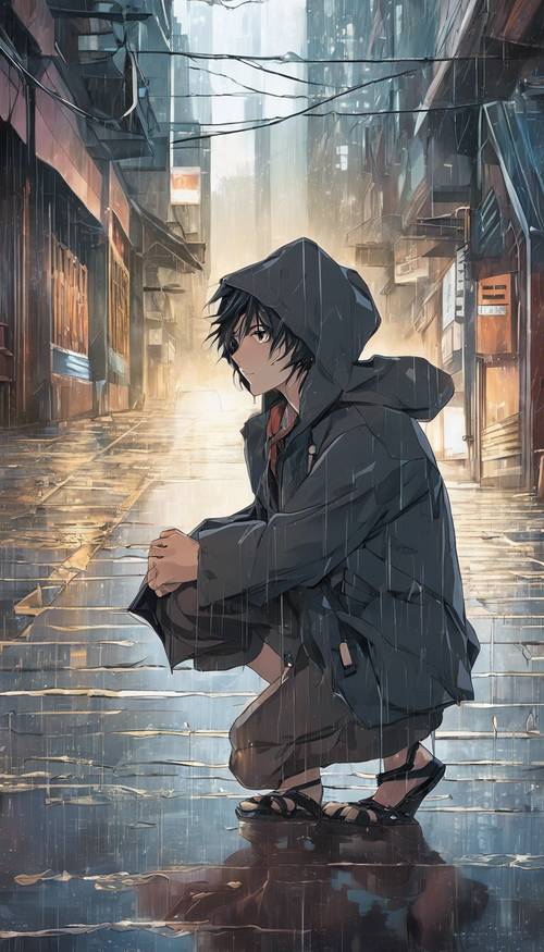 Yağmurda üzgün gözlerle diz çökmüş ciddi bir genç anime kahramanının görüntüsü.
