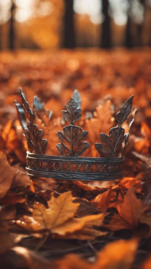 Mahkota yang terbuat dari dedaunan musim gugur berwarna oranye menyala, simbol kelimpahan musim dan akhir panen yang melimpah.