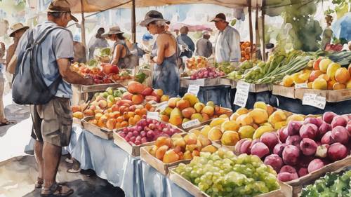 一幅水彩画描绘了熙熙攘攘的农贸市场，里面摆满了各种色彩缤纷的水果和蔬菜。