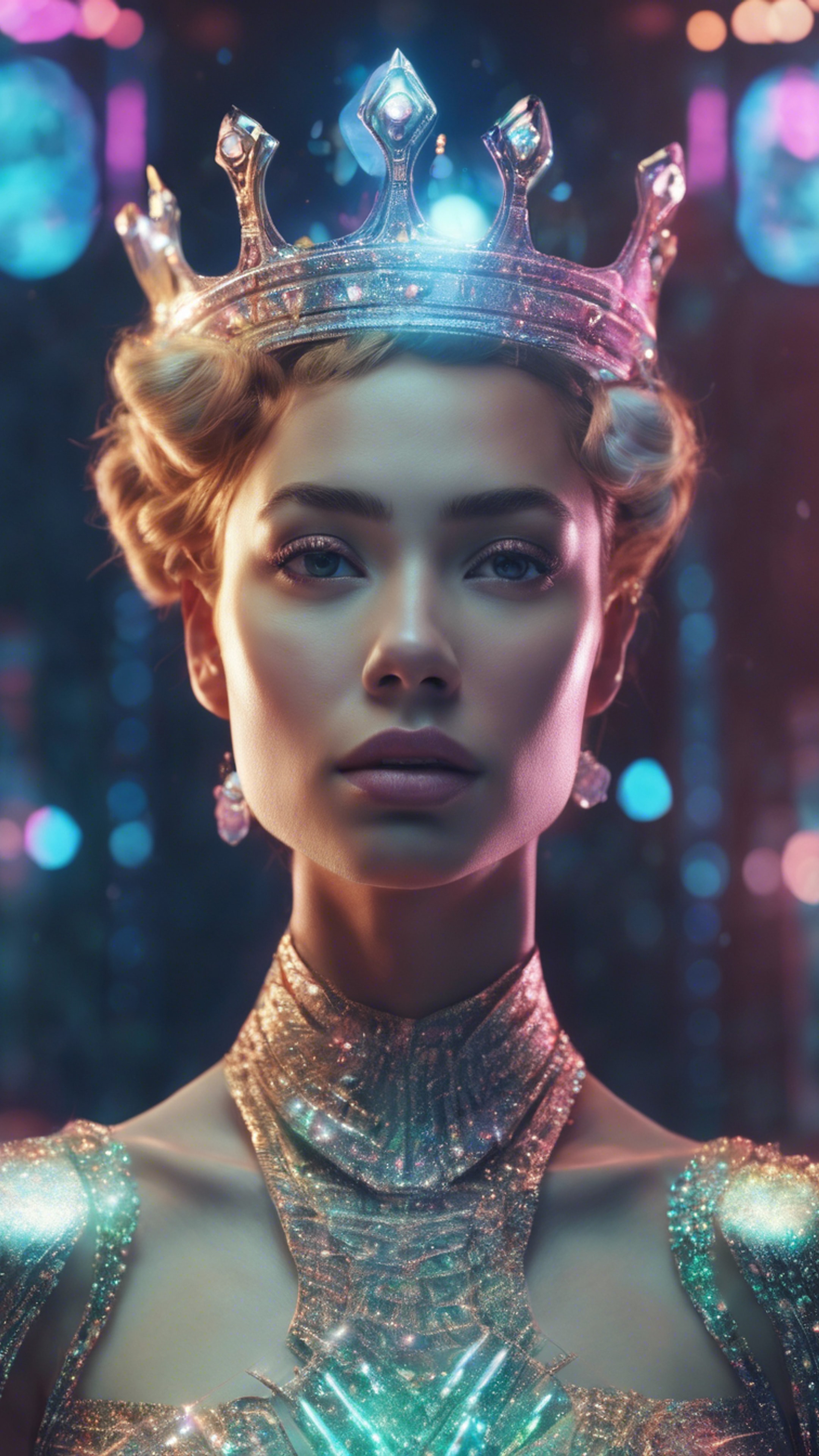 A holographic crown floating above a futuristic space queen, casting an extraterrestrial glow onto her regal features. Wallpaper[b8d757f5bf564fa98364]
