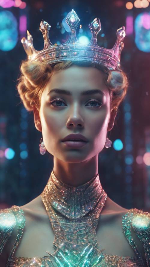 Une couronne holographique flottant au-dessus d&#39;une reine de l&#39;espace futuriste, projetant une lueur extraterrestre sur ses traits royaux.