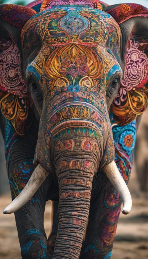 An elegant elephant made of intricate patterns in the style of mandala art, bursting with vibrant colors.