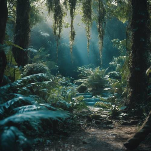 Un aperçu d&#39;un ancien sanctuaire de jungle aux teintes bleues, les bois murmurant les secrets du passé.