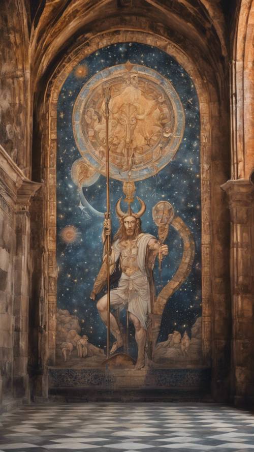 Um mural de Capricórnio pintado na parede interna de uma antiga catedral.