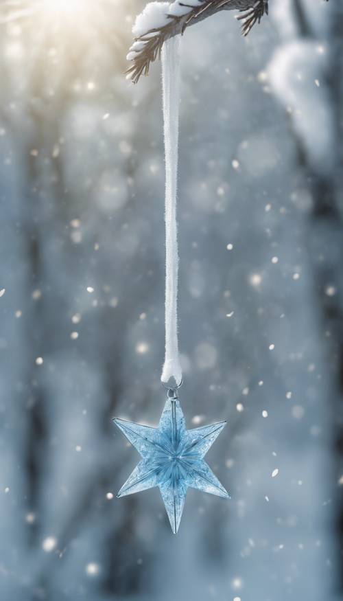 Una estrella azul clara que cuelga en el cielo sobre un paisaje nevado.