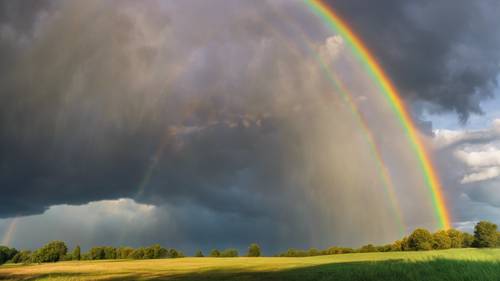 A classic rainbow splitting the sky in two, with dark stormy clouds on one side and calm, sunny weather on the other.