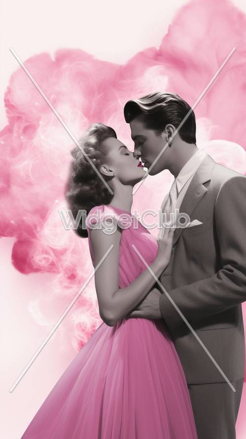 Baiser romantique dans les nuages ​​roses